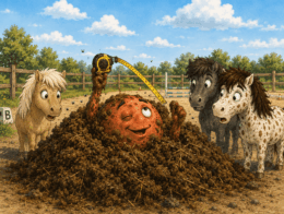 Mars liegt am Rande des reitplatzes im Misthaufen, Ponys stehen staunend drumherum. Zeichnung: KI