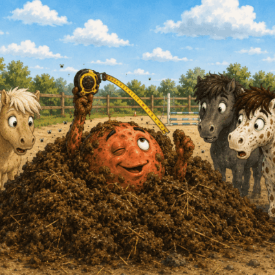 Mars liegt am Rande des reitplatzes im Misthaufen, Ponys stehen staunend drumherum. Zeichnung: KI