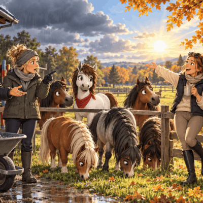 Ponys stehehn auf der Weide und schauen ihren diskutierenden Menschen zu.
