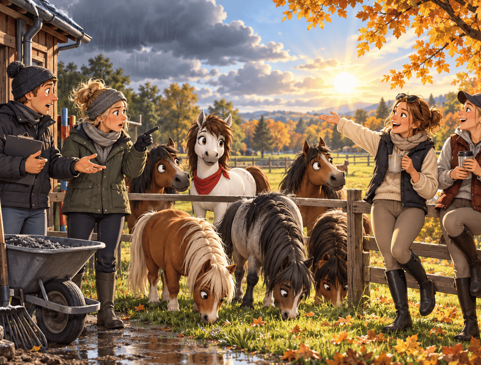 Ponys stehehn auf der Weide und schauen ihren diskutierenden Menschen zu.