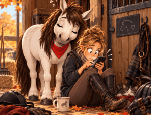 Pony döst neben Besitzerin, die hektisch auf ihr Handy starrt (Cartoon)