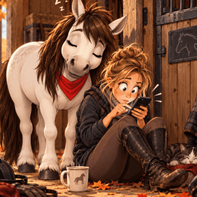 Pony döst neben Besitzerin, die hektisch auf ihr Handy starrt (Cartoon)