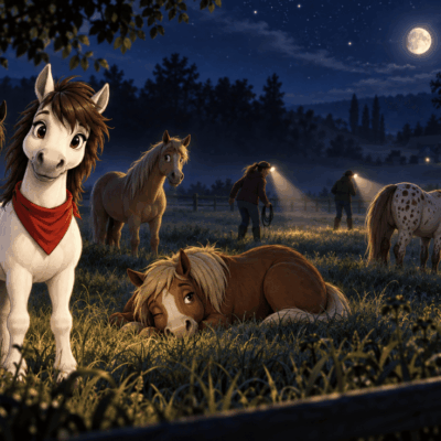POnys stehen und liegen im Dunkeln auf der Weide, Menschen mit Stirnlampe suchen sie.
