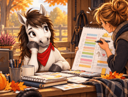 Pony steht vor Schreibtisch und beobachtet Frau, die einen Trainingsplan erstellen will.