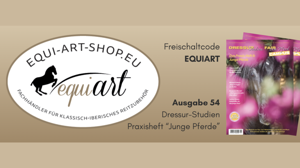 Logo von Equ-Art und Titelbild: "Praxisheft Junge Pferde". Der Code für die App lautet großgeschrieben EQUIART.