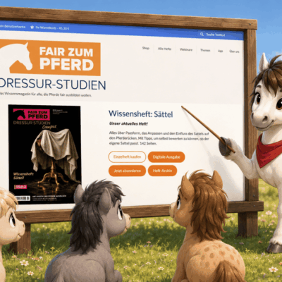Gezeichnete Ponys stehen auf der Weide, eines zeigt auf eine Tafel, auf der der neue Startbildschirm unserer Homepage zu sehen ist. Zeichnung: KI