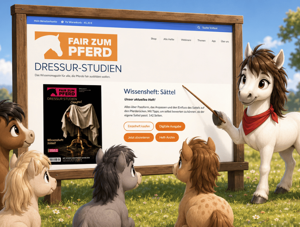 Gezeichnete Ponys stehen auf der Weide, eines zeigt auf eine Tafel, auf der der neue Startbildschirm unserer Homepage zu sehen ist. Zeichnung: KI
