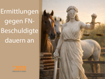 Justizia als Statur, im Hintergrund zwei Pferde, die ihr über die Schulter schauen.