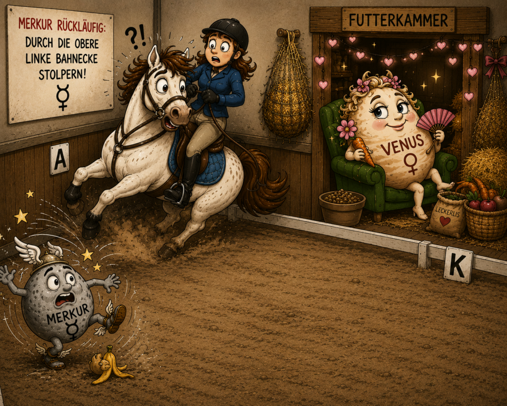 Pferd erschrickt in der Reithallenecke