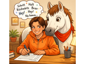 Claudia sitzt am Schreibtisch undOrgu schaut ihr über die Schulter. Zeichnung im Cartoon-Stil.